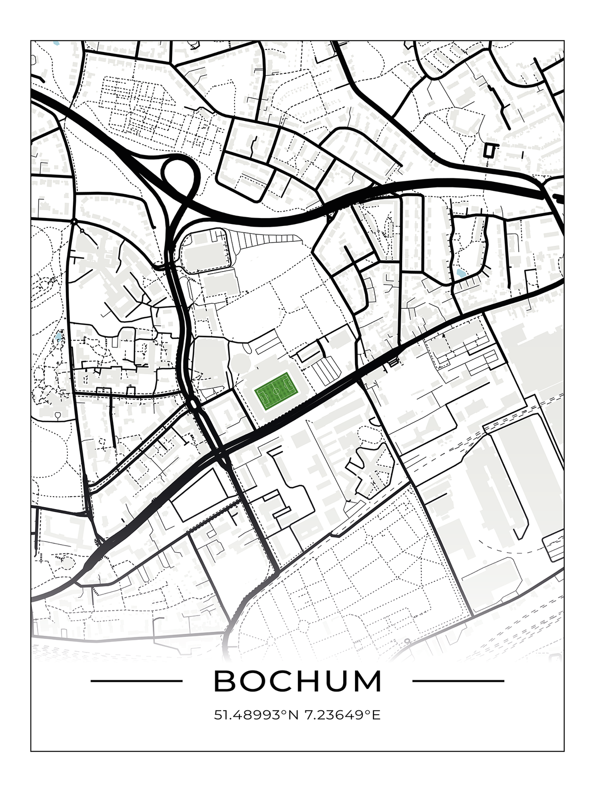 (B-Ware) Stadion Map Bochum 45x60 cm ohne Rahmen, weißer Hintergrund
