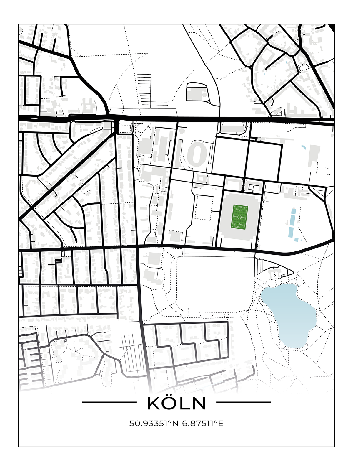 (B-Ware) Stadion Map Köln 30x40 cm mit schwarzem Rahmen & weißer Hintergrund