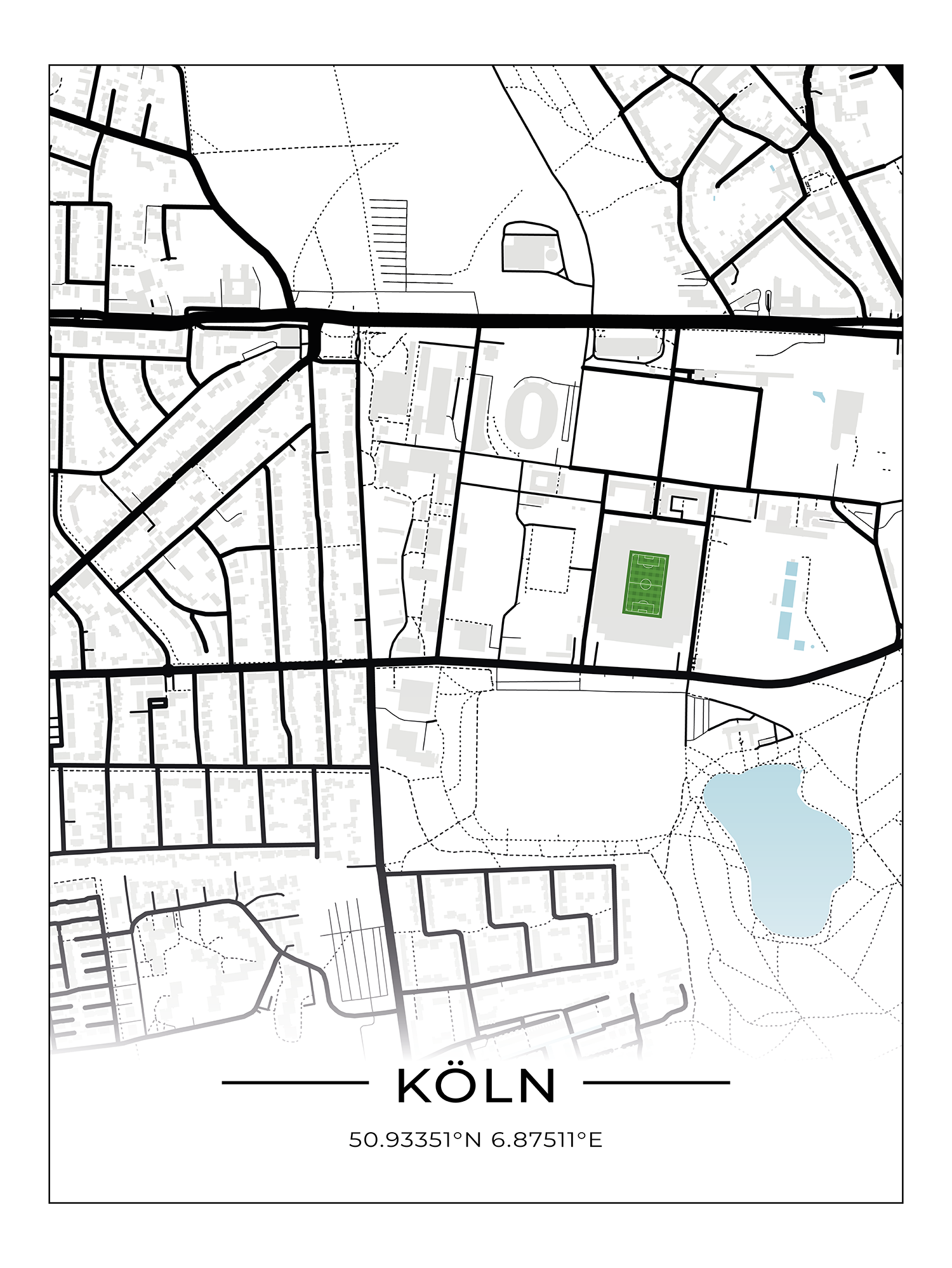 (B-Ware) Stadion Map Köln 80x60 cm ohne Rahmen, weißer Hintergrund