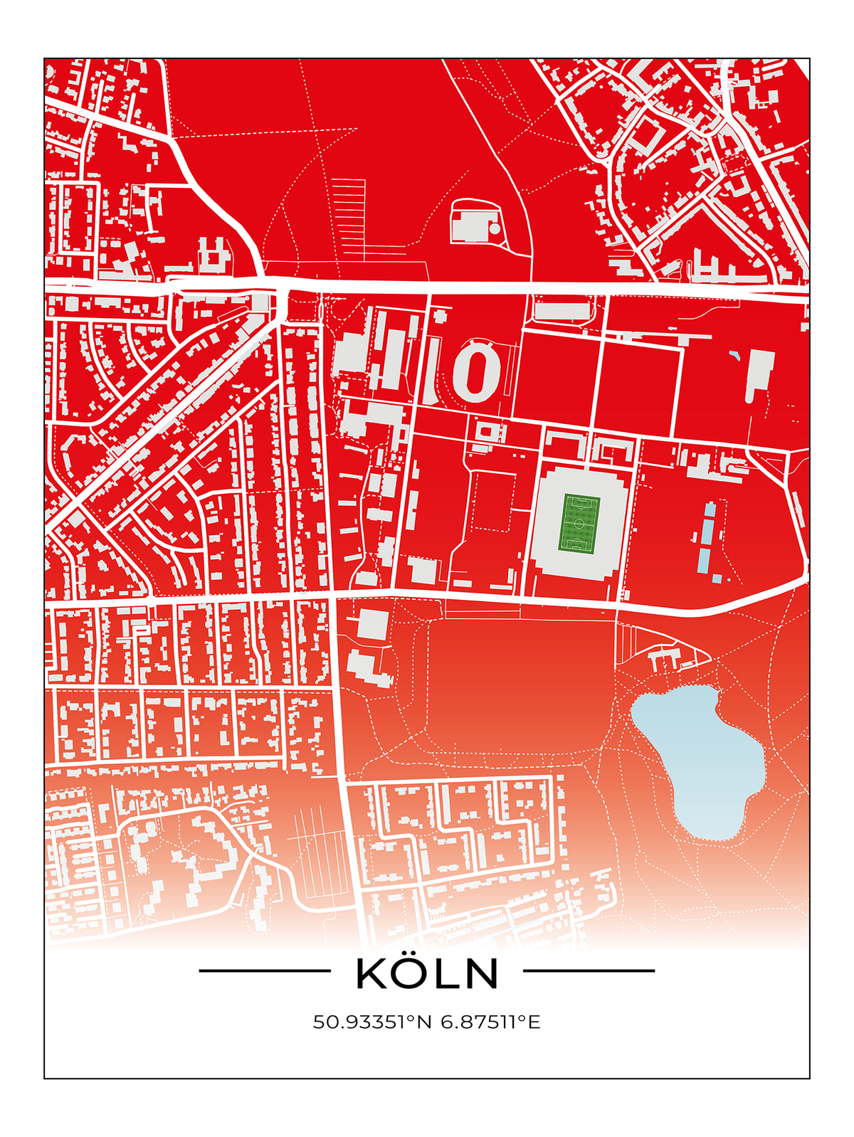 (B-Ware) Stadion Map Köln 80x60 cm ohne Rahmen, roter Hintergrund